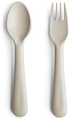 Mushie Flatware for Kids Fork Spoon Set Ivory