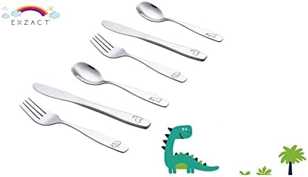 Exzact Kids Flatware Set 6-Piece Stainless Steel Childs Cutlery with Dinosaur Engraving