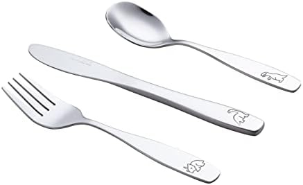 Exzact Kids Flatware Set 6-Piece Stainless Steel Childs Cutlery with Dinosaur Engraving