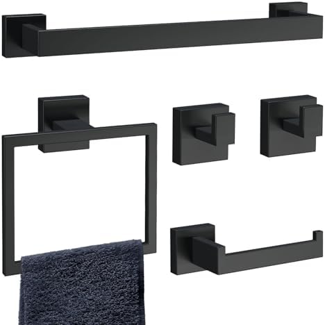 Hawkrown 5-PieceMatteBlackBathroomAccessoriesSetDurableStainlessSteelTowelBar