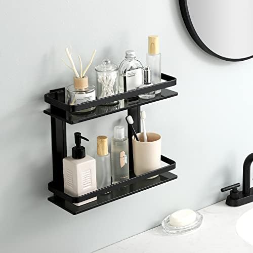 Bathkens 2-Tier Glass Shelf Black with Aluminum Frame