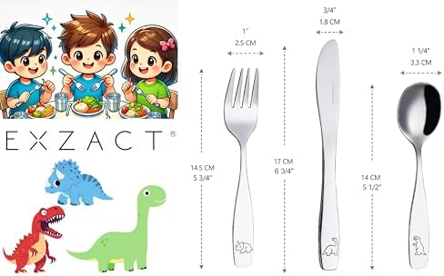 Exzact Kids Flatware Set 6-Piece Stainless Steel Childs Cutlery with Dinosaur Engraving