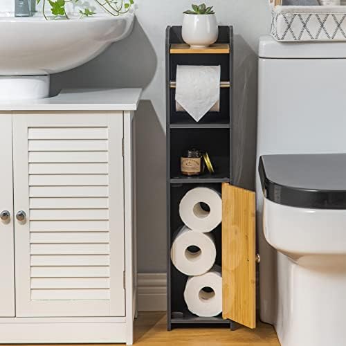 Small Bathroom Storage Cabinet - Black - Bamboo Toilet Paper Holder Stand
