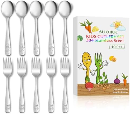 AUOikk 10-Piece Toddler Flatware Set - Kids Utensils Silverware with Ergonomic Handle