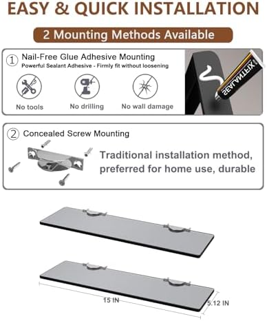 SHUAIAIW 2-Pack No-Drill Glass Wall Shelf for Bathroom and Kitchen