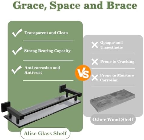 Alise Small Bathroom Wall shelf Matte Black with Stainless Steel Railing