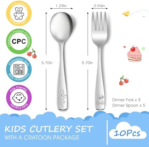 AUOikk 10-Piece Toddler Flatware Set - Kids Utensils Silverware with Ergonomic Handle