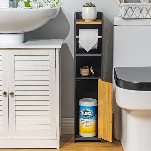 Small Bathroom Storage Cabinet - Black - Bamboo Toilet Paper Holder Stand