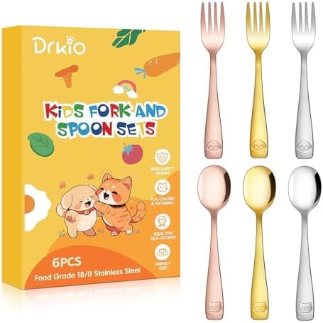 DRKIO Stainless Steel Toddler Forks and Spoons Set for Kids