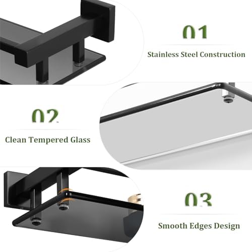 Alise Small Bathroom Wall shelf Matte Black with Stainless Steel Railing
