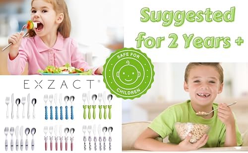 Exzact Kids Flatware Set 6-Piece Stainless Steel Childs Cutlery with Dinosaur Engraving