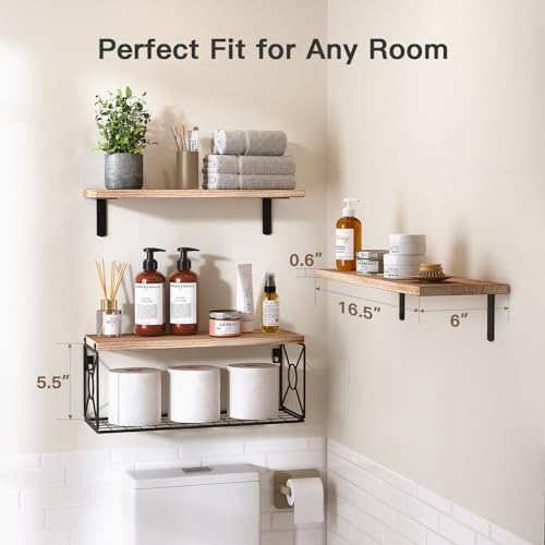 Solid Paulownia Wood Bathroom Floating Shelves with Storage Basket