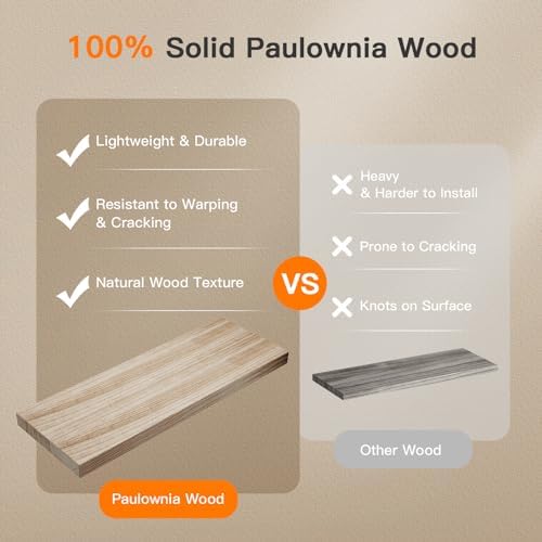Solid Paulownia Wood Bathroom Floating Shelves with Storage Basket
