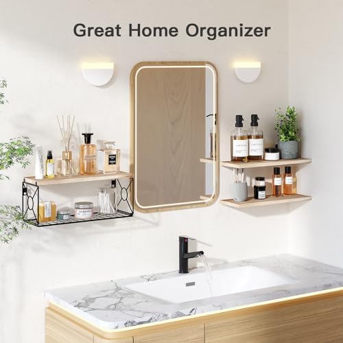 Solid Paulownia Wood Bathroom Floating Shelves with Storage Basket