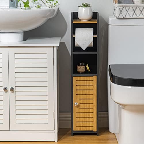 Small Bathroom Storage Cabinet - Black - Bamboo Toilet Paper Holder Stand