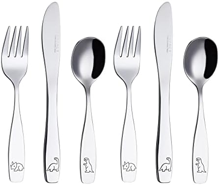 Exzact Kids Flatware Set 6-Piece Stainless Steel Childs Cutlery with Dinosaur Engraving