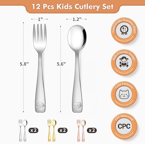 DRKIO 12-Piece Stainless Steel Toddler Utensils Set Safe Durable for Kids
