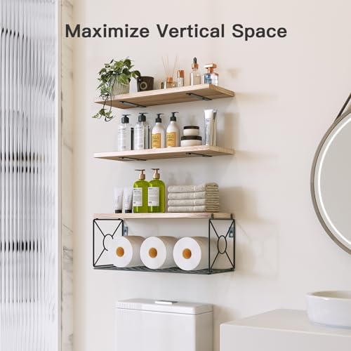 Solid Paulownia Wood Bathroom Floating Shelves with Storage Basket