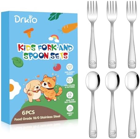 DRKIO - Safe Ergonomic Dishwasher-Ready Toddler Utensils with Animal-Themed Flatware
