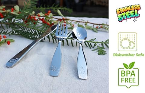 Exzact Kids Flatware Set 6-Piece Stainless Steel Childs Cutlery with Dinosaur Engraving