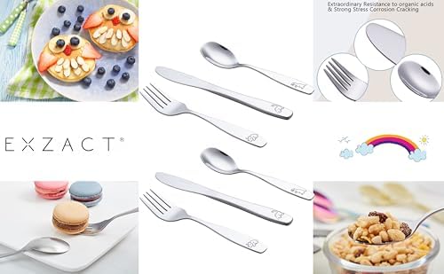 Exzact Kids Flatware Set 6-Piece Stainless Steel Childs Cutlery with Dinosaur Engraving