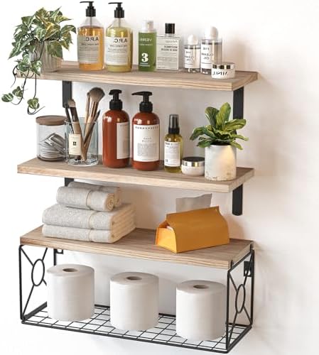 Solid Paulownia Wood Bathroom Floating Shelves with Storage Basket