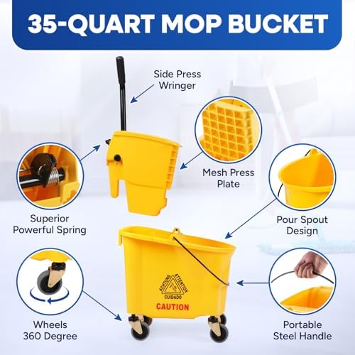 Heavy-Duty Commercial Mop Bucket With Wringer Wheels