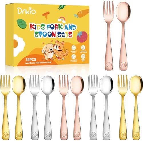 DRKIO 12-Piece Stainless Steel Toddler Utensils Set Safe Durable for Kids