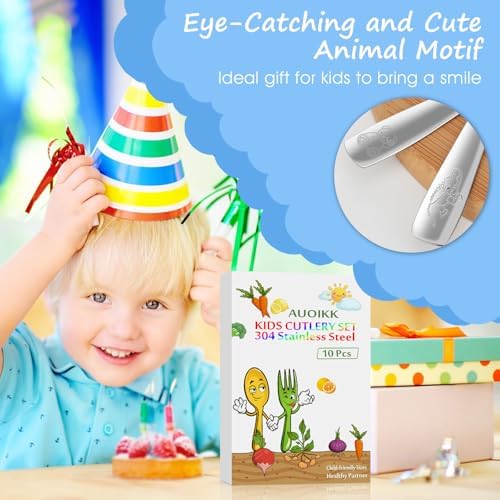 AUOikk 10-Piece Toddler Flatware Set - Kids Utensils Silverware with Ergonomic Handle