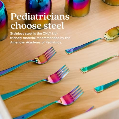 Ahimsa Kids Flatware Set - Stainless Steel Toddler Utensils BPA Free Dishwasher Safe Rainbow