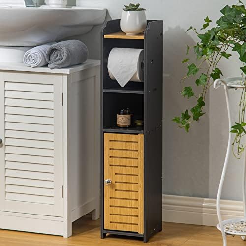 Small Bathroom Storage Cabinet - Black - Bamboo Toilet Paper Holder Stand