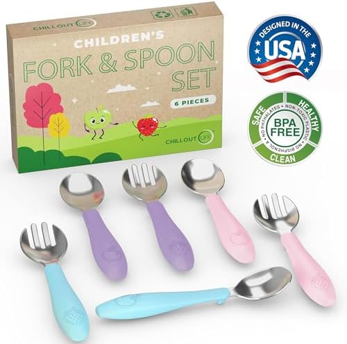 Chillout Life Toddler Utensils Set with Silicone Handles for Safe Self-Feeding