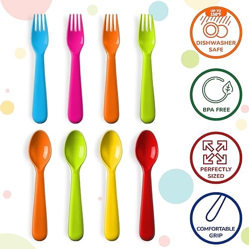 PLASKIDY Plastic Toddler Utensils Set - BPA-Free Dishwasher Safe Multipurpose Kids Silverware Set